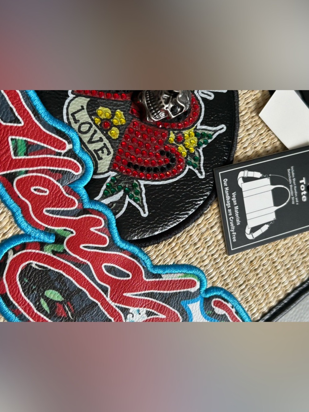 Ed Hardy Straw Tote Bag Hearts Skull Tattoo Y2K Summer Beach Shoulder Purse - Picture 10 of 10